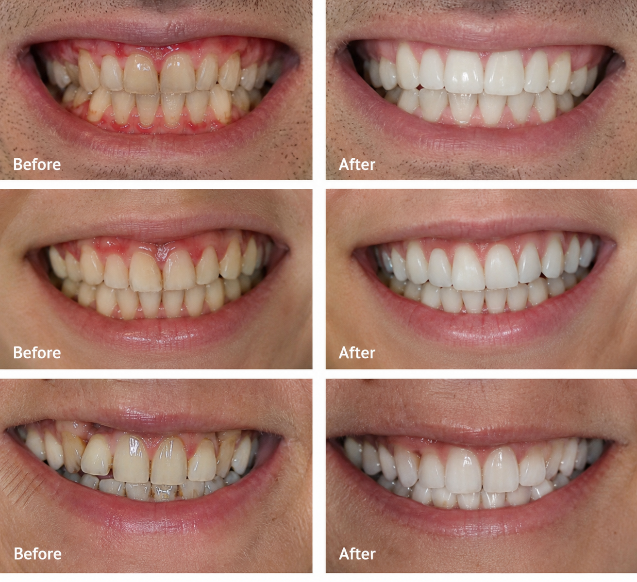 Three before and after pairs of teeth, stained before and whiter after